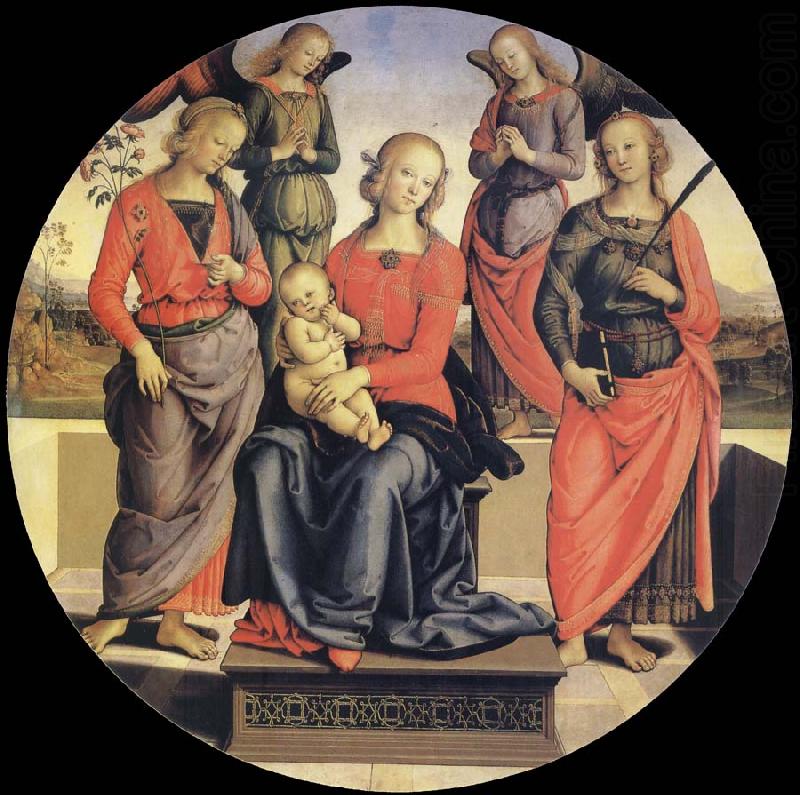 Pietro vannucci called IL perugino The Virgin and the Nino acompanados for two angeles, Holy Rose and Holy Catalina china oil painting image